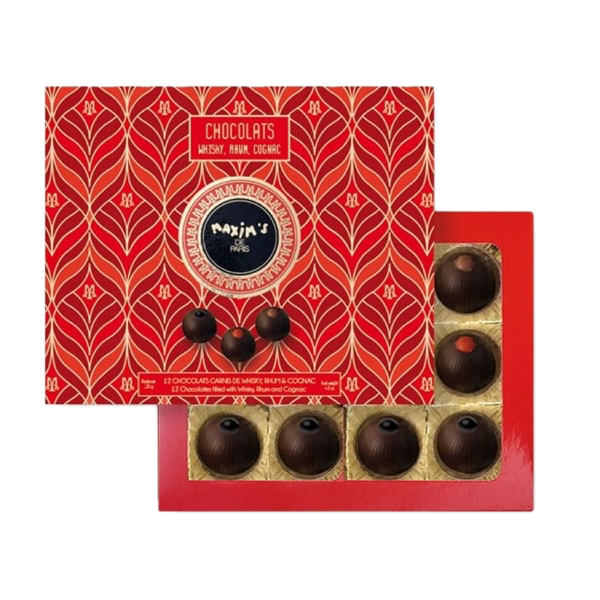 Maxims hộp vuông 12 chocolats whisky, rhum, cognac